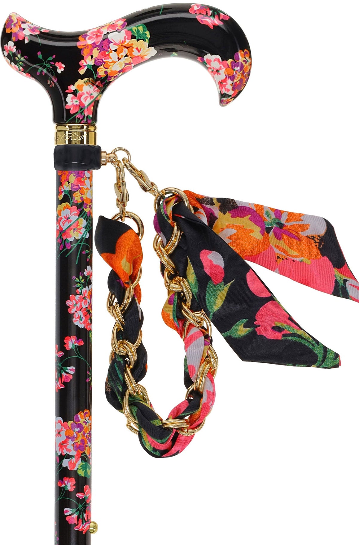 Midnight Floral Designer Cane: Luxury Silk Scarf Option
