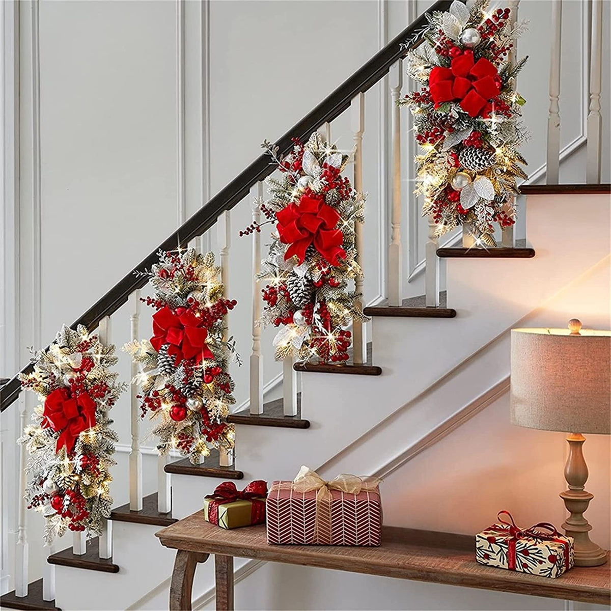 Cordless Prelit Christmas Teardrop Swag with Red Bow