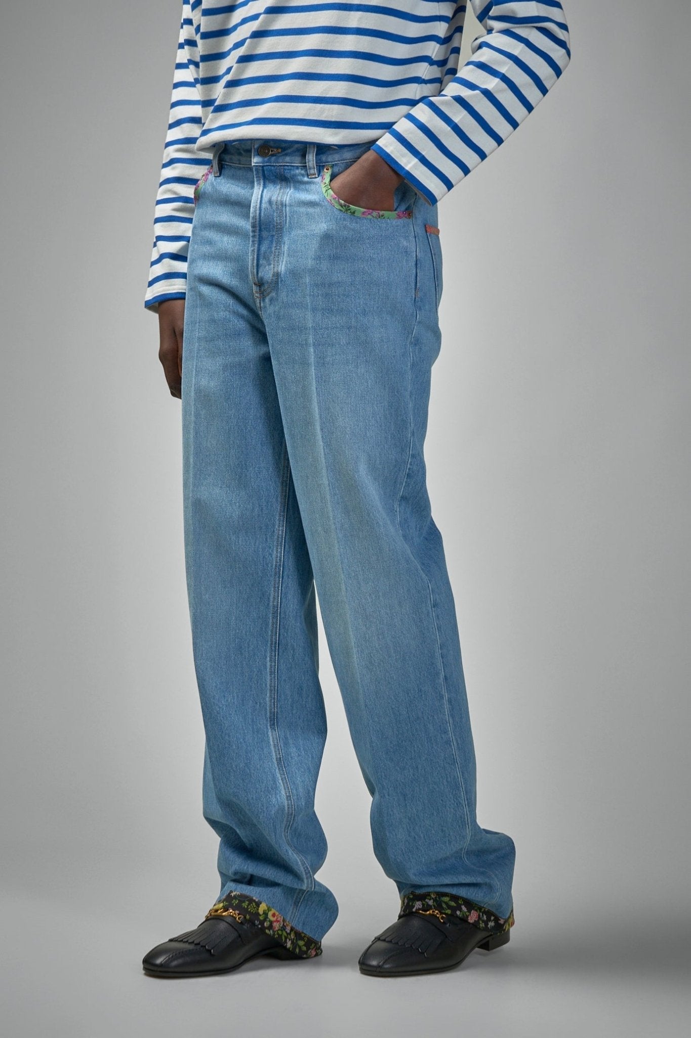 Denim Trousers with Floral Print Hem