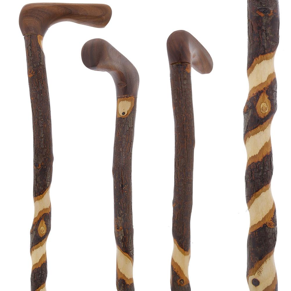 Elegant Spiral & Natural Bark Cane: Hickory & Walnut Craft