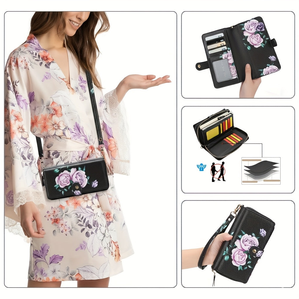 Floral Print Crossbody Phone Wallet with Detachable Shoulder Strap and Wristlet