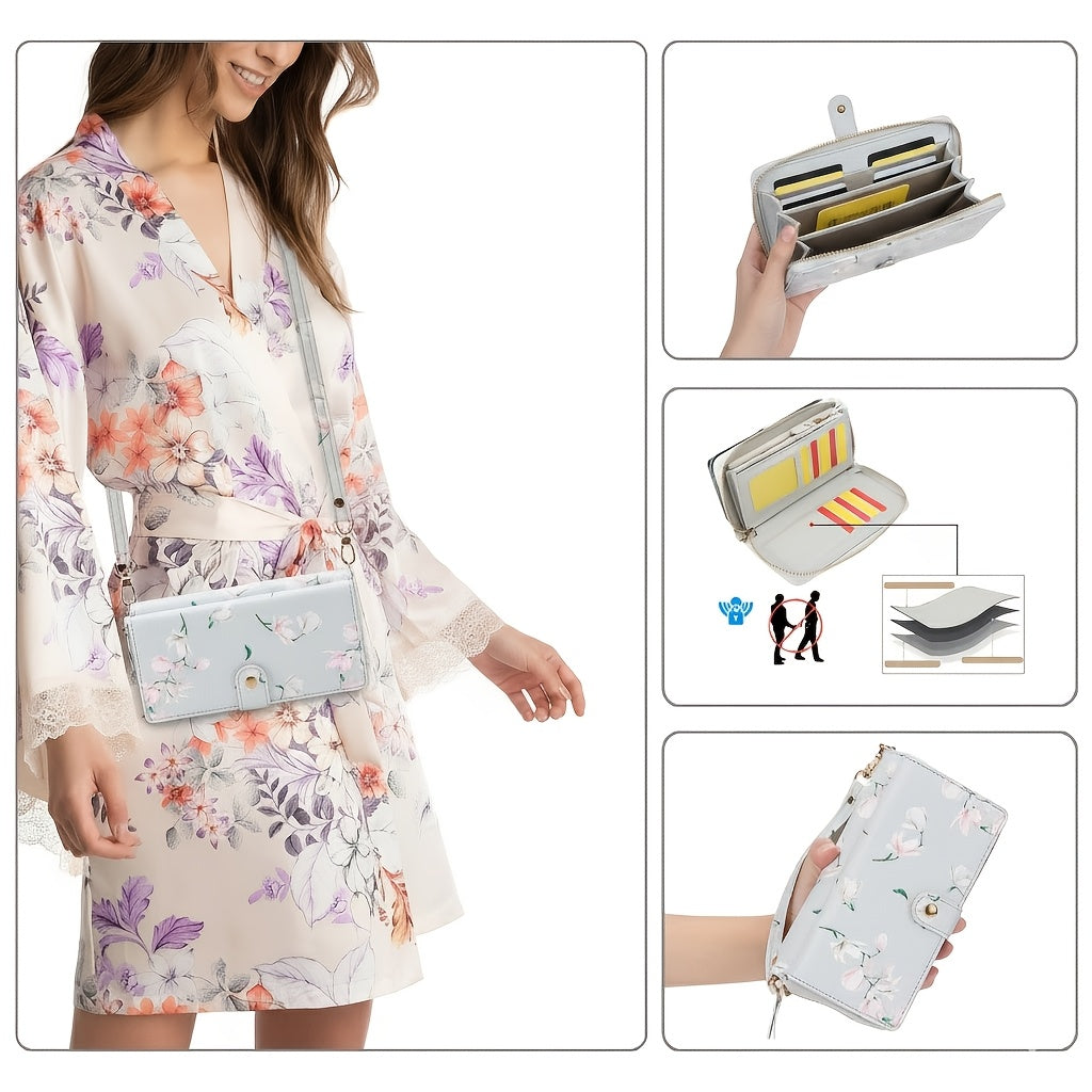 Floral Print Crossbody Phone Wallet with Detachable Shoulder Strap and Wristlet