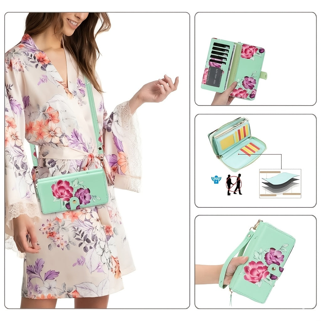 Floral Print Crossbody Phone Wallet with Detachable Shoulder Strap and Wristlet