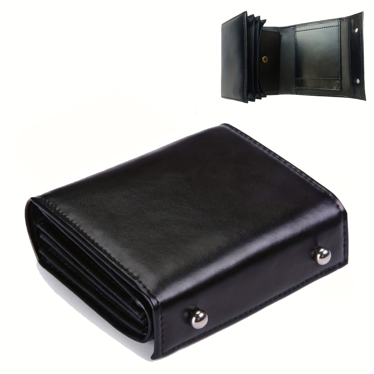 Compact Accordion Trifold Leather Wallet with Snap Coin Pocket