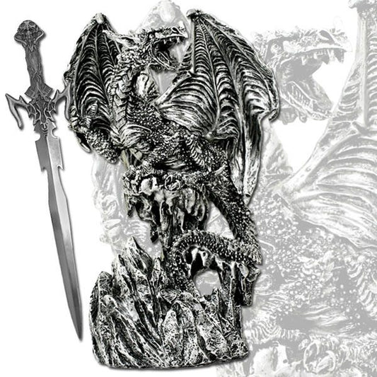Silver Skull Dragon Standing on Mountain - 9" Polyresin Statue with Letter Open