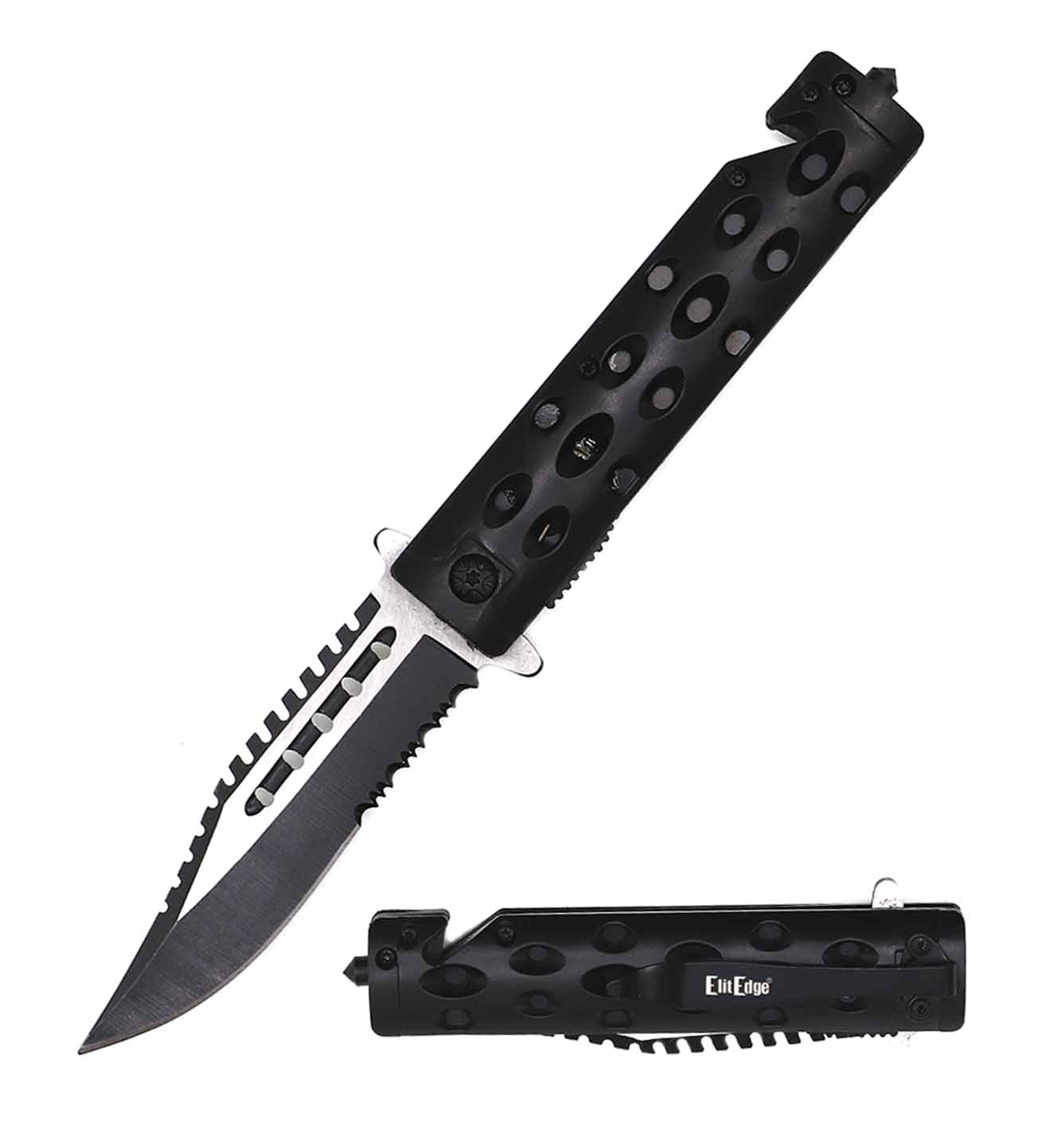 2-Tone Serrated Blade Black Tactical Spring Assisted Folding Knife