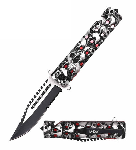 2-Tone Serrated Blade Skull Tactical Spring Assisted Folding Knife