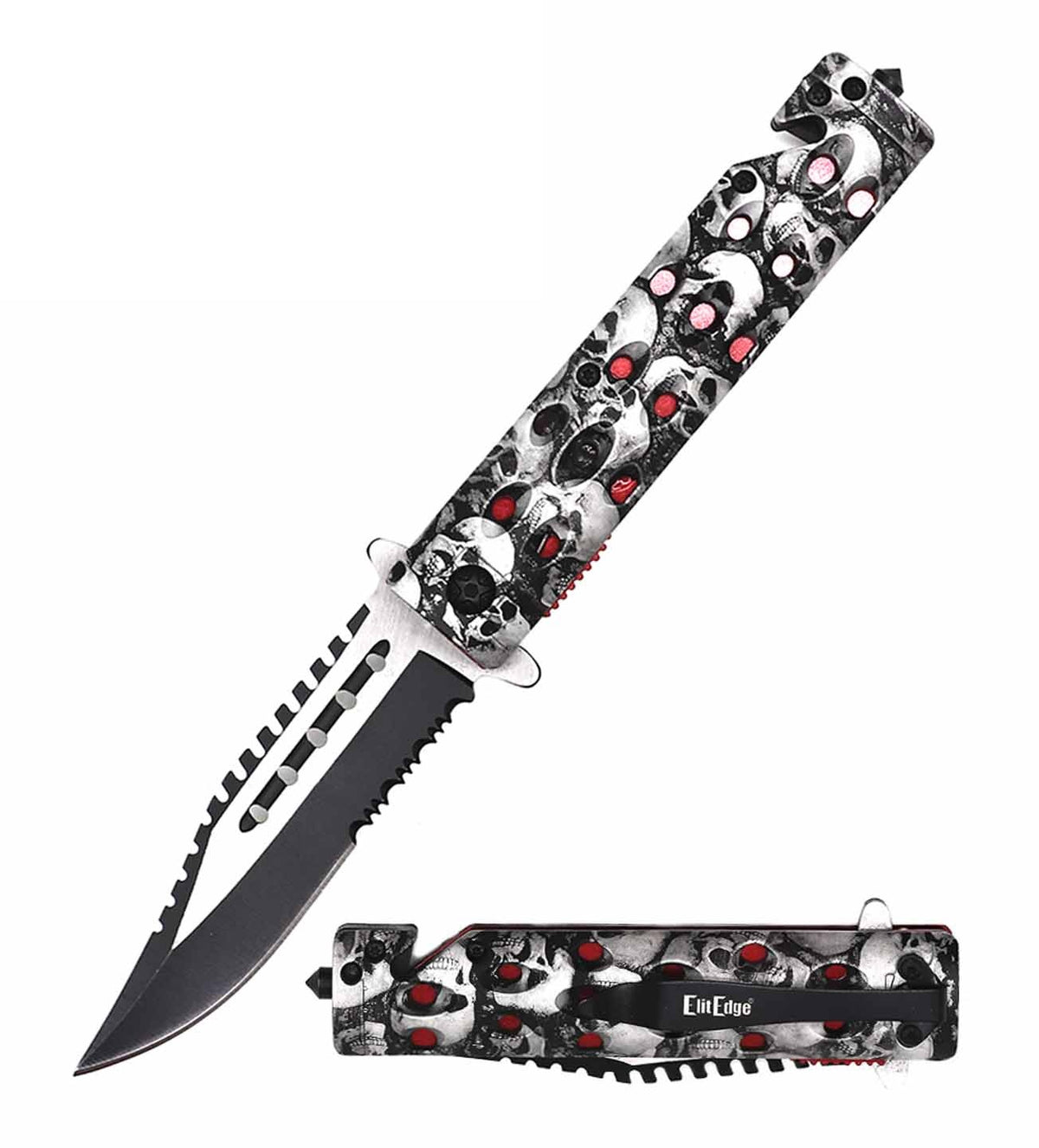2-Tone Serrated Blade Skull Tactical Spring Assisted Folding Knife - TOPHATTER'S ARMORY DEALS