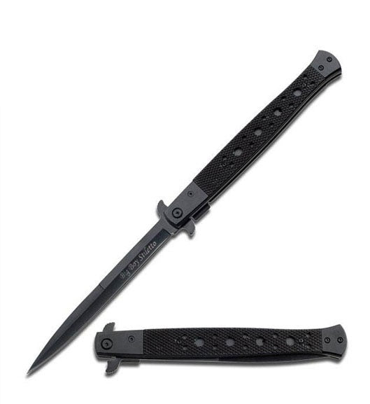 13" Classic Extra Large Black Spring Assisted Open STILETTO Pocket Knife - TOPHATTER'S ARMORY DEALS