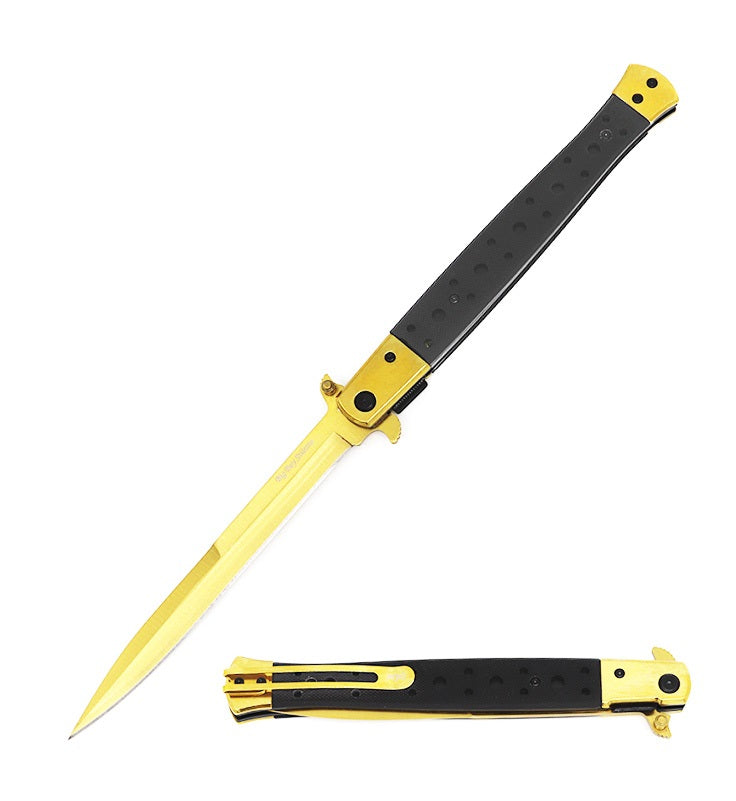 13" Classic Extra Large Gold Spring Assisted Open STILETTO Pocket Knife - TOPHATTER'S ARMORY DEALS