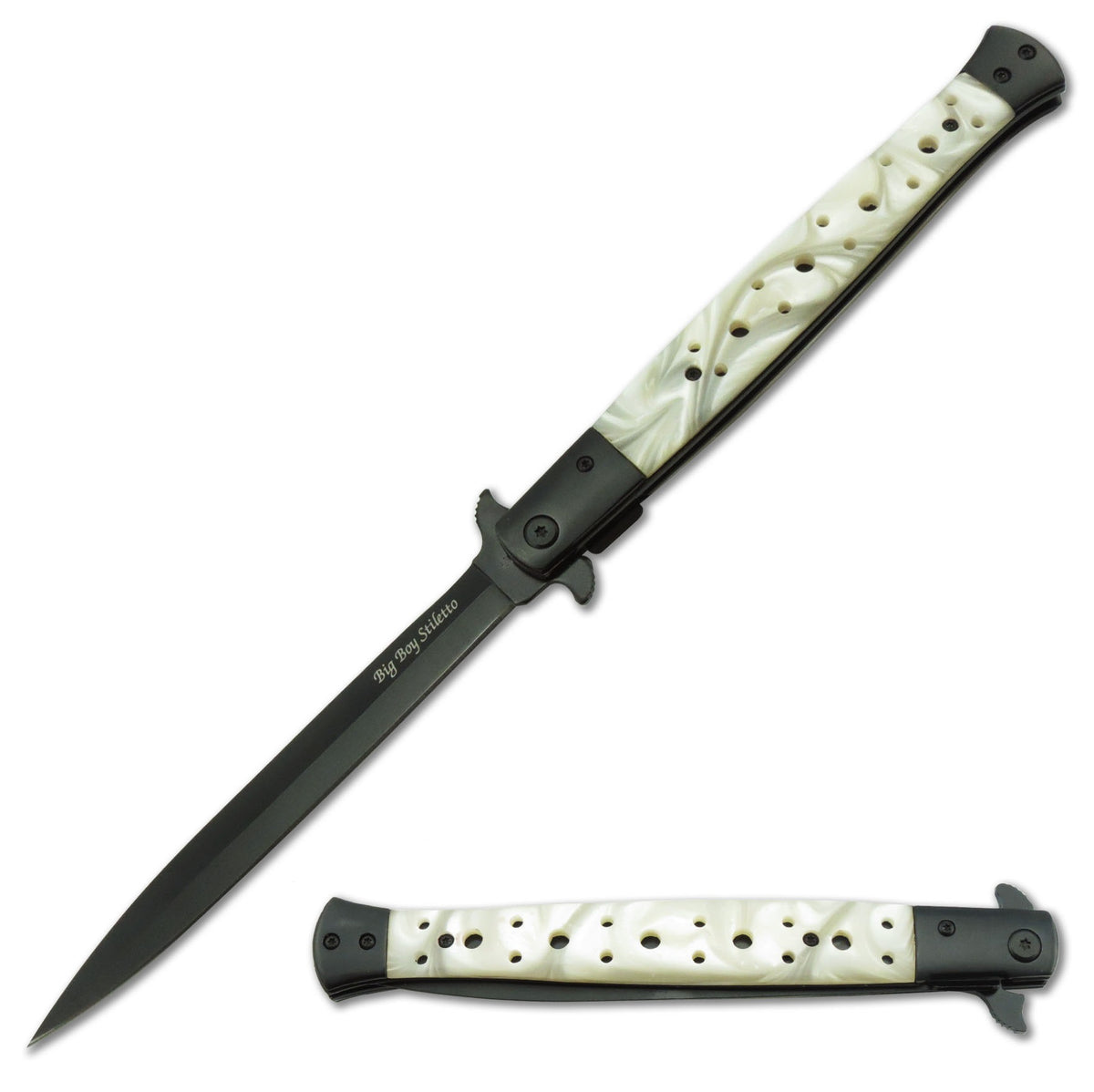 13" Classic Extra Large White Pearl Spring Assisted Open STILETTO Pocket Knife - TOPHATTER'S ARMORY DEALS