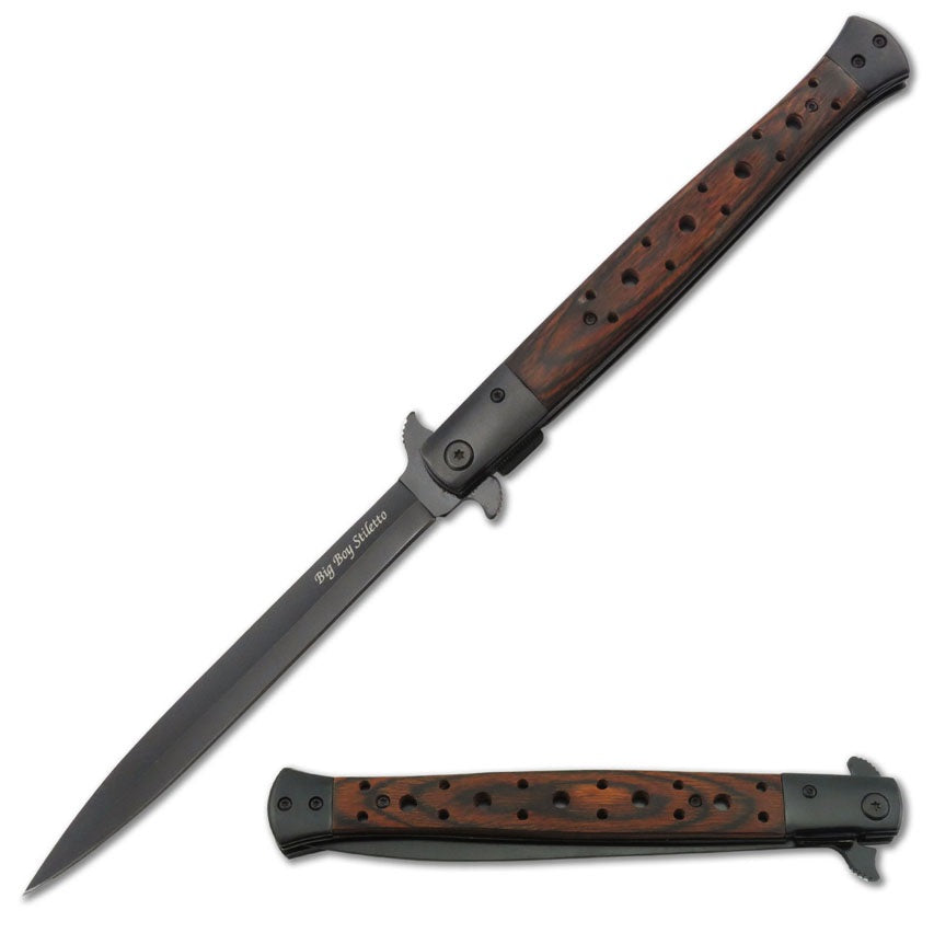 13" Classic Extra Large Wood Handle Spring Assisted Open STILETTO Pocket Knife - TOPHATTER'S ARMORY DEALS
