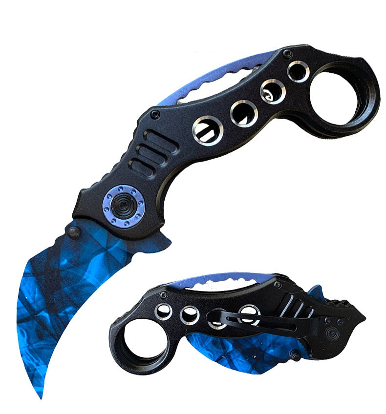 8" Military Blue Karambit Claw Spring Assisted Folding Open Pocket Knife - TOPHATTER'S ARMORY DEALS