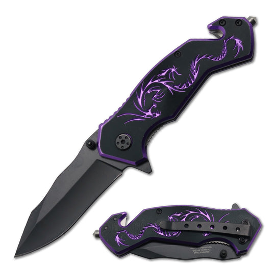 7.75" Tactical Fantasy Purple Dragon Spring Assisted Open Rescue Folding Pocket Knife