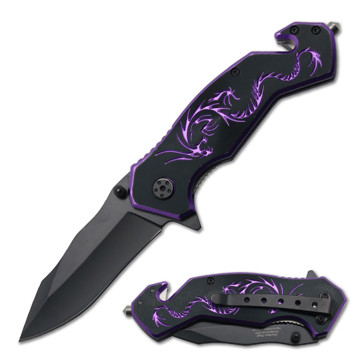 7.75" Tactical Fantasy Purple Dragon Spring Assisted Open Rescue Folding Pocket Knife - TOPHATTER'S ARMORY DEALS