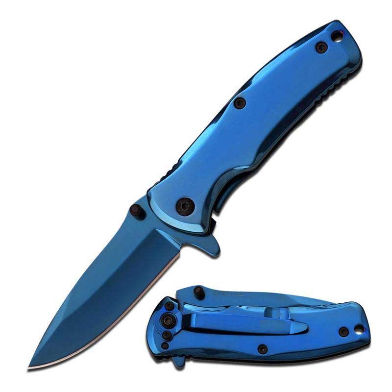 3.5" Closed Blue Titanium Spring Assisted Folding Knife - TOPHATTER'S ARMORY DEALS