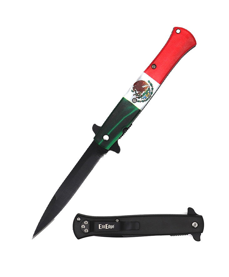 9" Mexican Flag Stiletto Style Spring Assist Opening Pocket Knife - TOPHATTER'S ARMORY DEALS