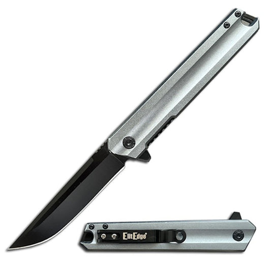 Gray Aluminum Handle Spring Assist Open Folding Pocket Knife Everyday Carry