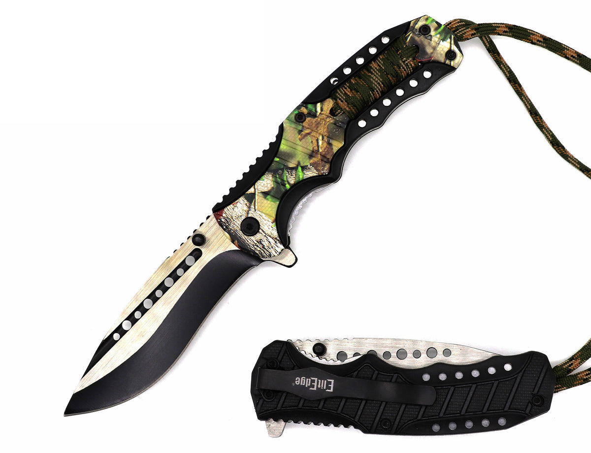 4.5" Closed Camo Spring Assisted Pocket Knife - Tactical Paracord - TOPHATTER'S ARMORY DEALS