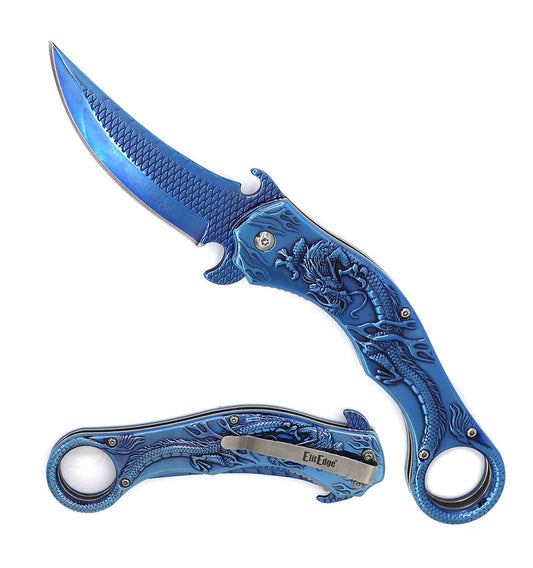 Blue Dragon Sculpture 8.25 Karambit Tactical Spring Assisted Folding Pocket Knife