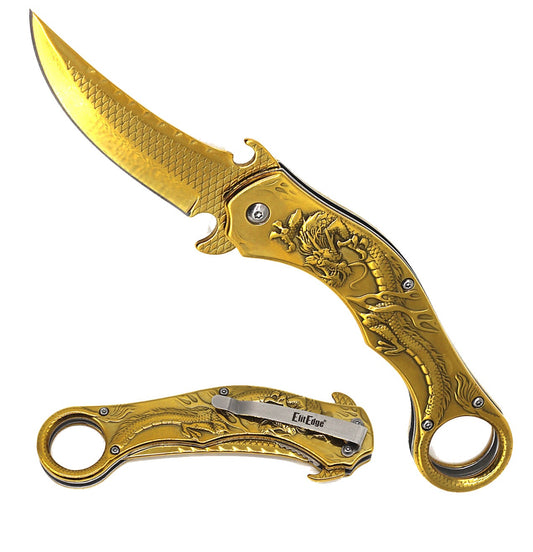 Golden Dragon Sculpture 8.25 Karambit Tactical Spring Assisted Folding Pocket Knife