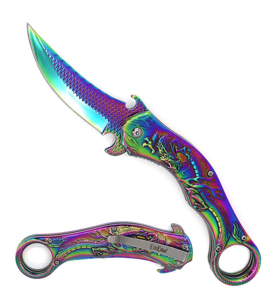 Rainbow Dragon Sculpture 8.25 Karambit Tactical Spring Assisted Folding Pocket Knife