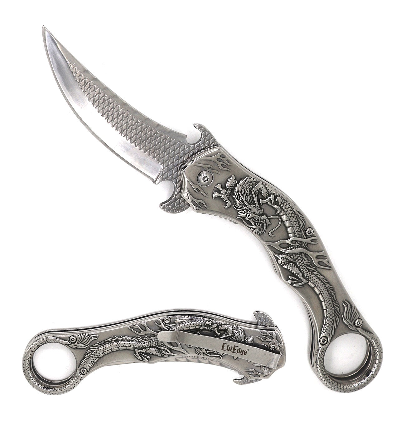 Silver Dragon Sculpture 8.25 Karambit Tactical Spring Assisted Folding Pocket Knife