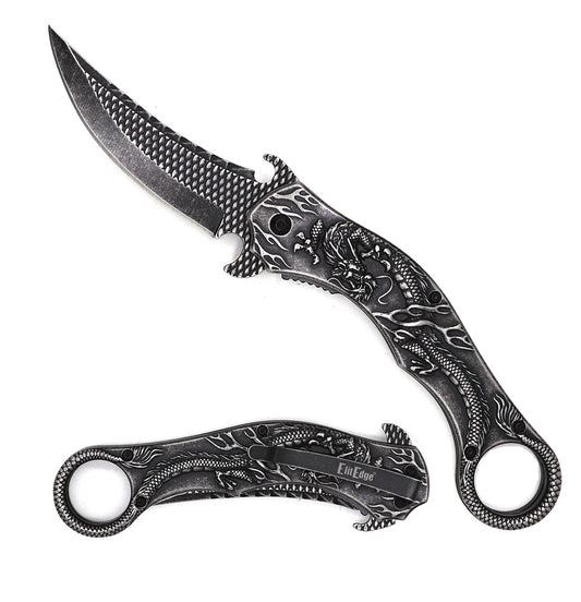 Stone Wash Dragon Sculpture 8.25 Karambit Tactical Spring Assisted Folding Pocket Knife