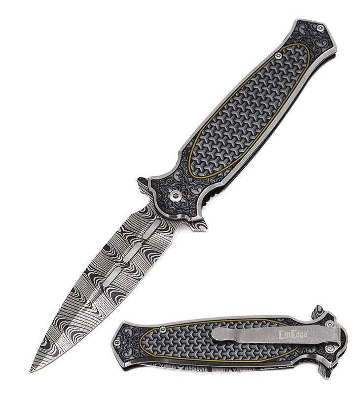 8.25" Damascus Etch Style Grey Dirk Dagger Spring Assist Pocket Knife - TOPHATTER'S ARMORY DEALS