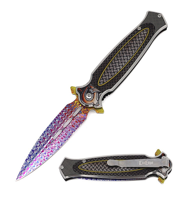 8.25" Rainbow Damascus Etch Style Dirk Dagger Spring Assist Pocket Knife