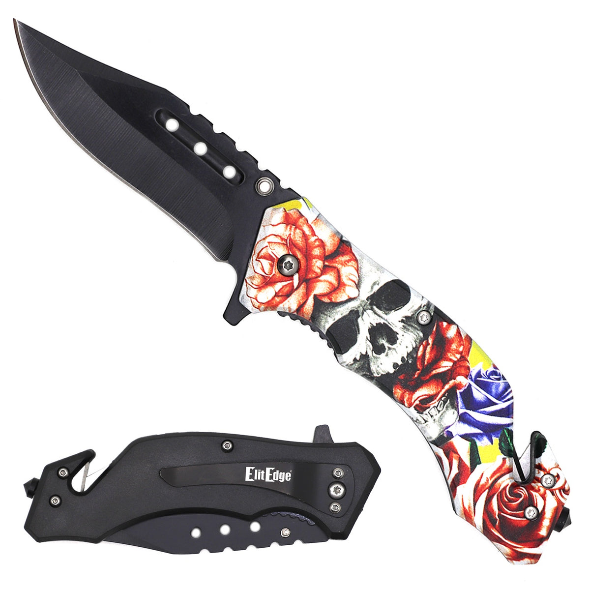 Military TACTICAL Assisted Open Pocket Folding Skull Roses Rescue Knife Blade - TOPHATTER'S ARMORY DEALS