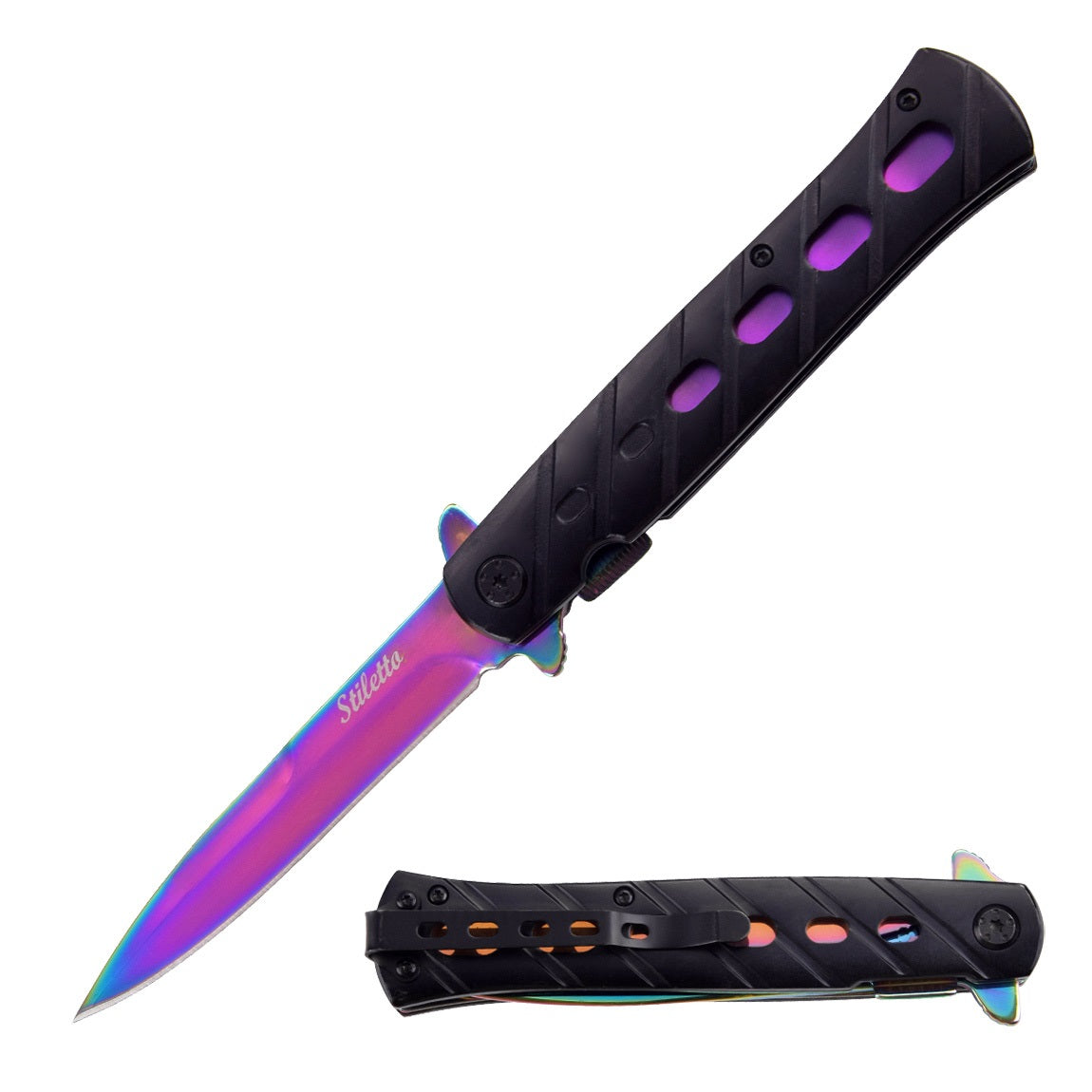 9" Spring Assisted Rainbow STILETTO Style Pocket Knife - TOPHATTER'S ARMORY DEALS