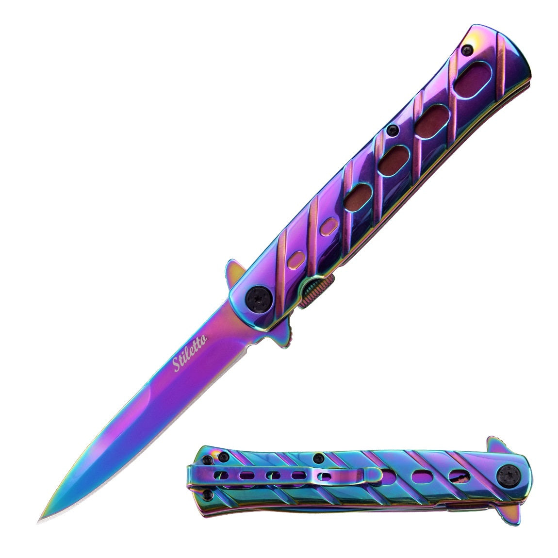 9" Spring Assisted Titanium Rainbow STILETTO Style Pocket Knife - TOPHATTER'S ARMORY DEALS