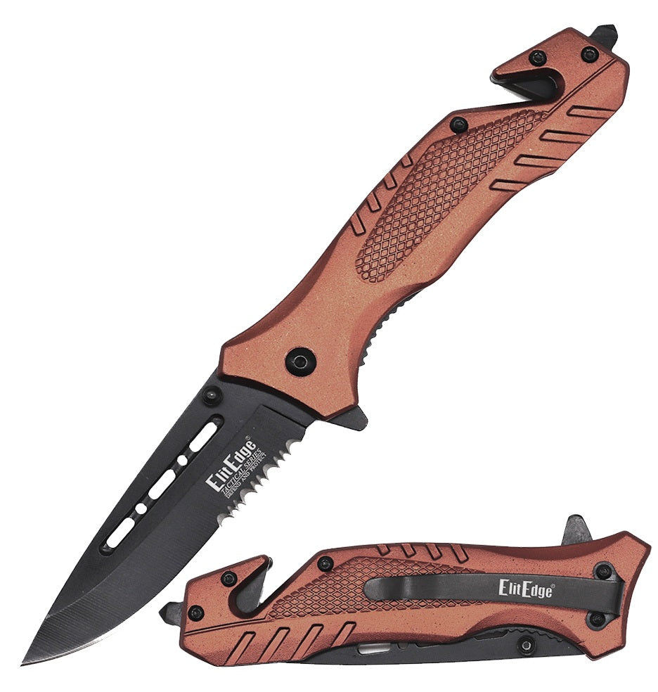 4.75" Closed Brown Aluminum Handle Tactical Rescue Spring Assist Knife - TOPHATTER'S ARMORY DEALS