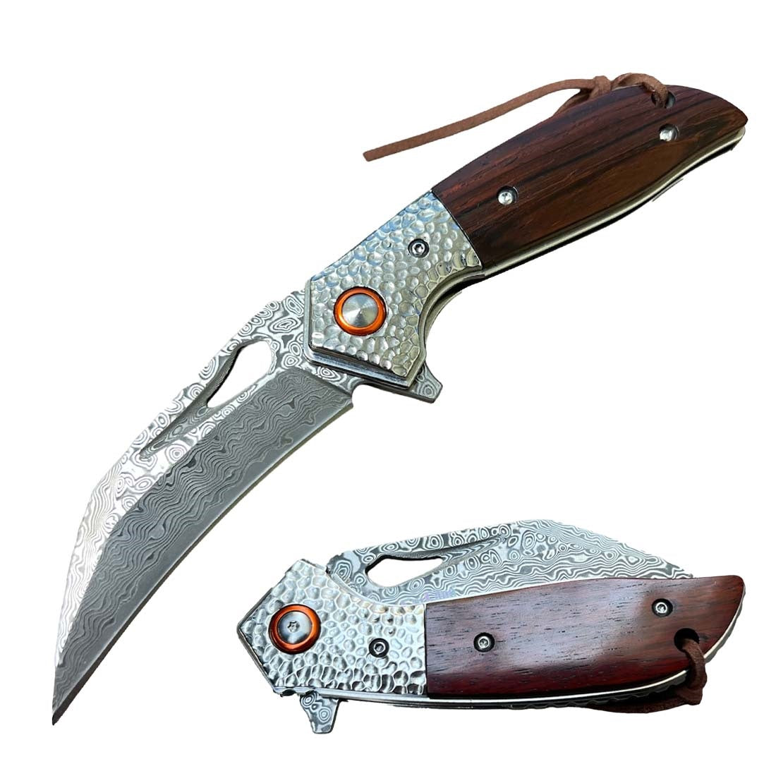 Ball Bearing Damascus Hawk Blade Pocket Knife with Wood Handle - TOPHATTER'S ARMORY DEALS