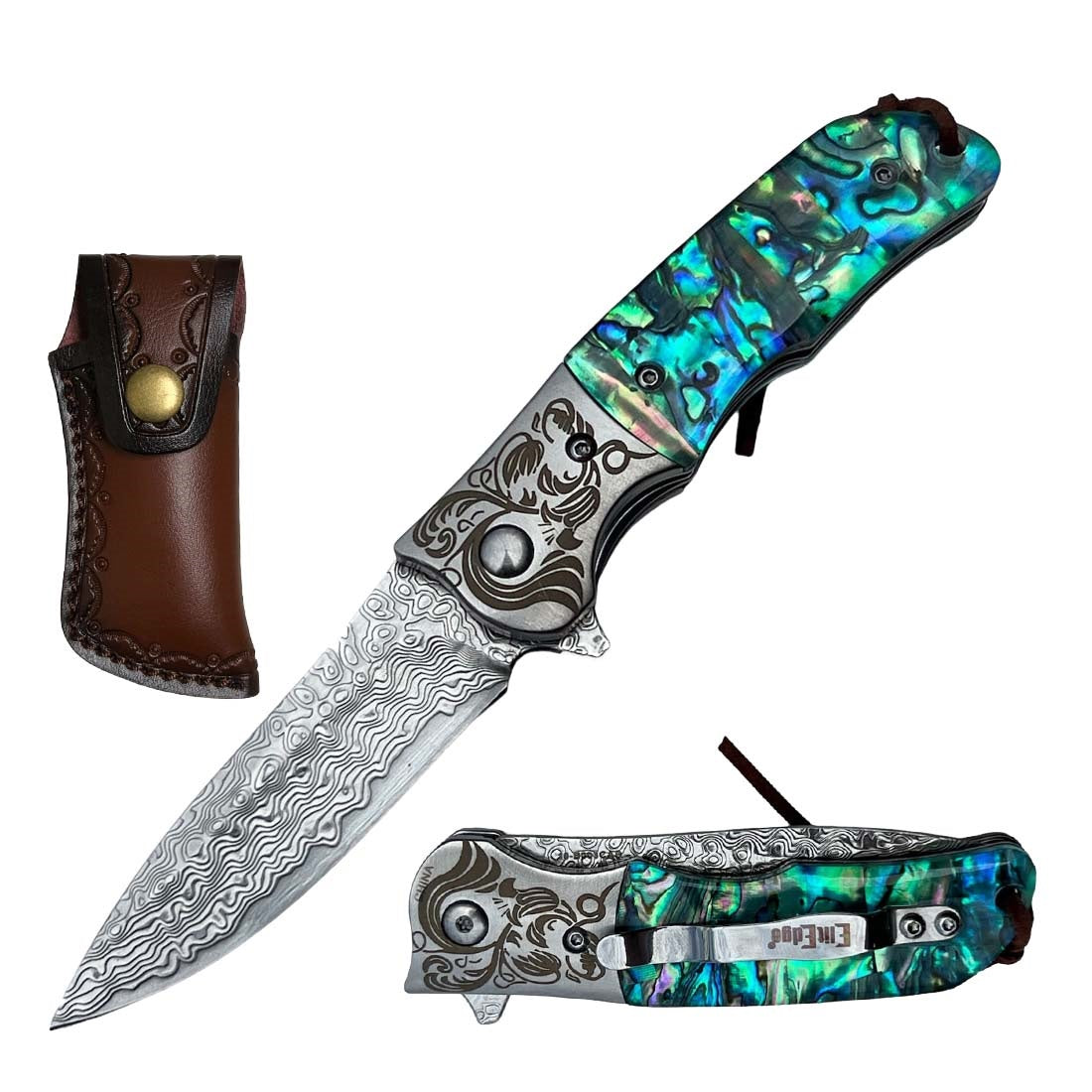 Ball Bearing Damascus Blade Pocket Knife with Abalone Handle - TOPHATTER'S ARMORY DEALS
