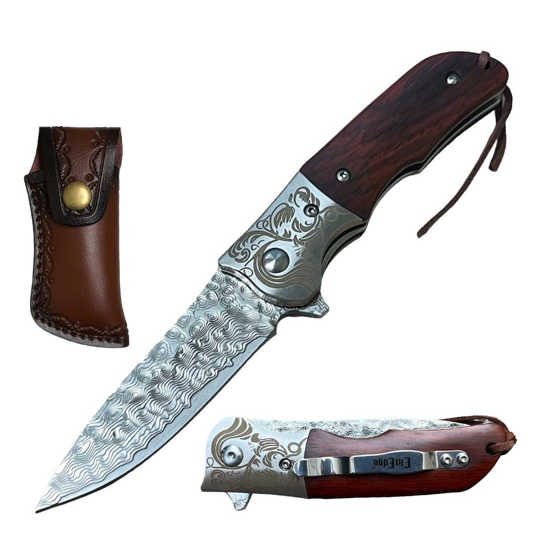 Ball Bearing Damascus Blade Pocket Knife with Wood Handle - TOPHATTER'S ARMORY DEALS