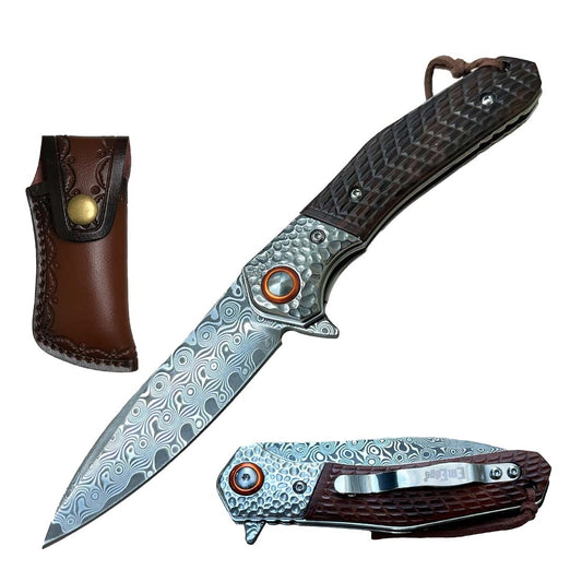 Ball Bearing Damascus Blade Pocket Knife with Brown Wood Handle - TOPHATTER'S ARMORY DEALS
