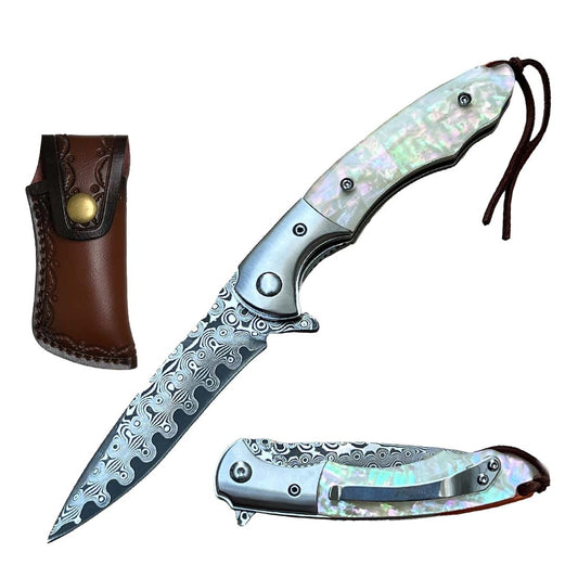 Ball Bearing Damascus Blade Pocket Knife Pearl Handle - TOPHATTER'S ARMORY DEALS