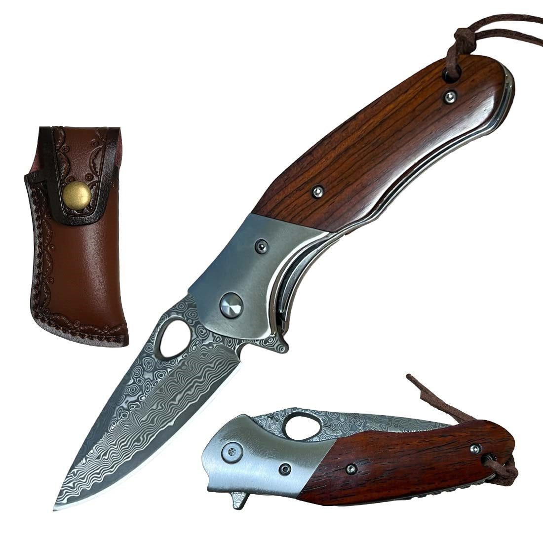 Ball Bearing Damascus Blade Pocket Knife Wood Handle - TOPHATTER'S ARMORY DEALS