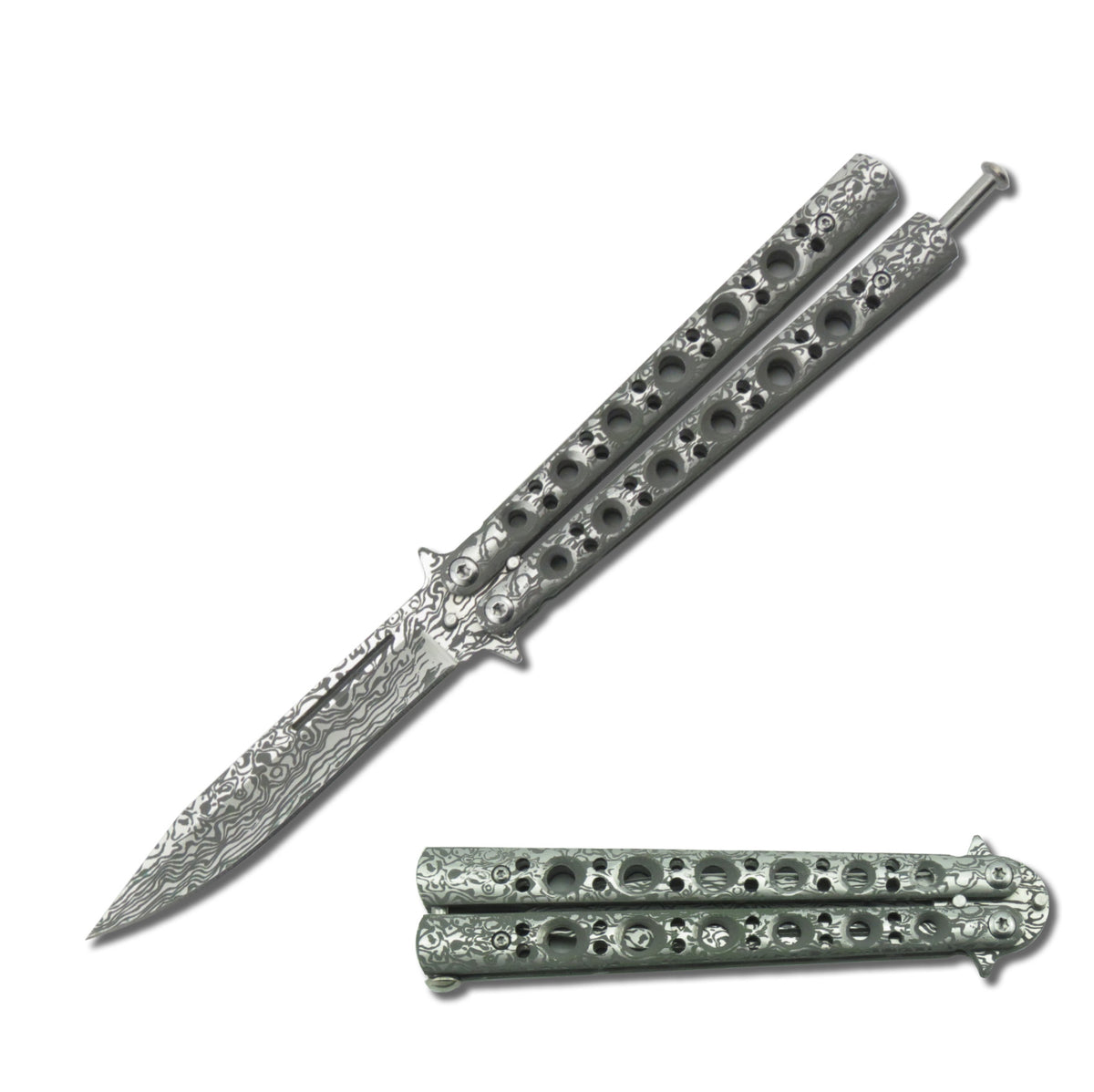 5.25" Closed Length Damascus Steel Balisong Butterfly Flipper Knife  - TOPHATTER'S ARMORY DEALS