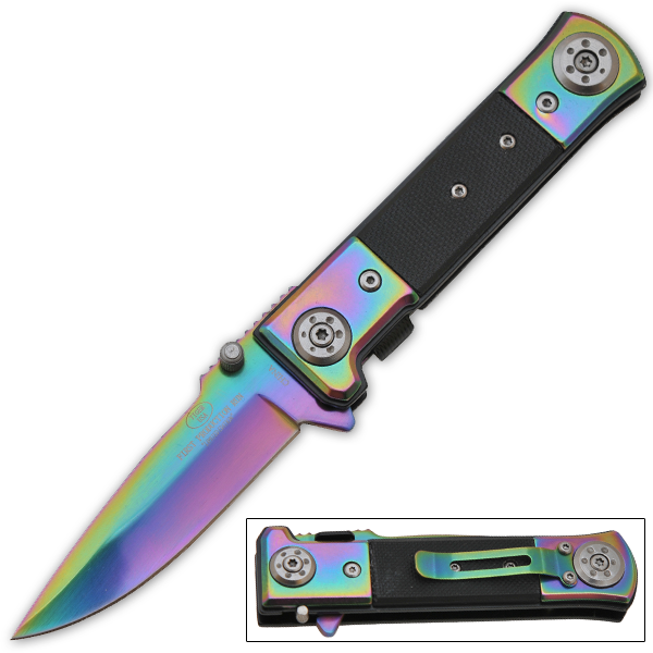 Spring Assisted Pocket Knife Rainbow With Black G10 Handle - TOPHATTER'S ARMORY DEALS
