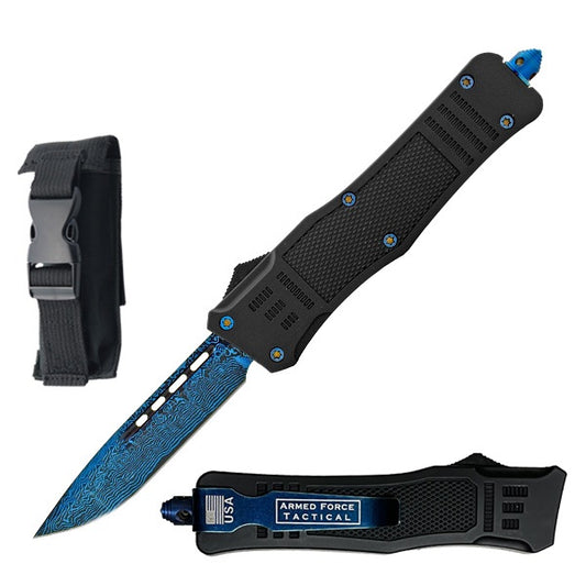 9" Etched Damascus Pattern Blue Blade Automatic OTF Knife