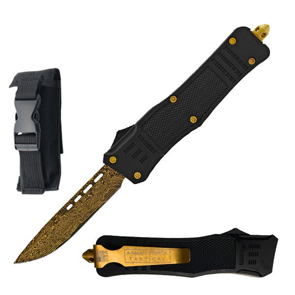 9" Etched Damascus Pattern Golden Blade Automatic OTF Knife  - TOPHATTER'S ARMORY DEALS