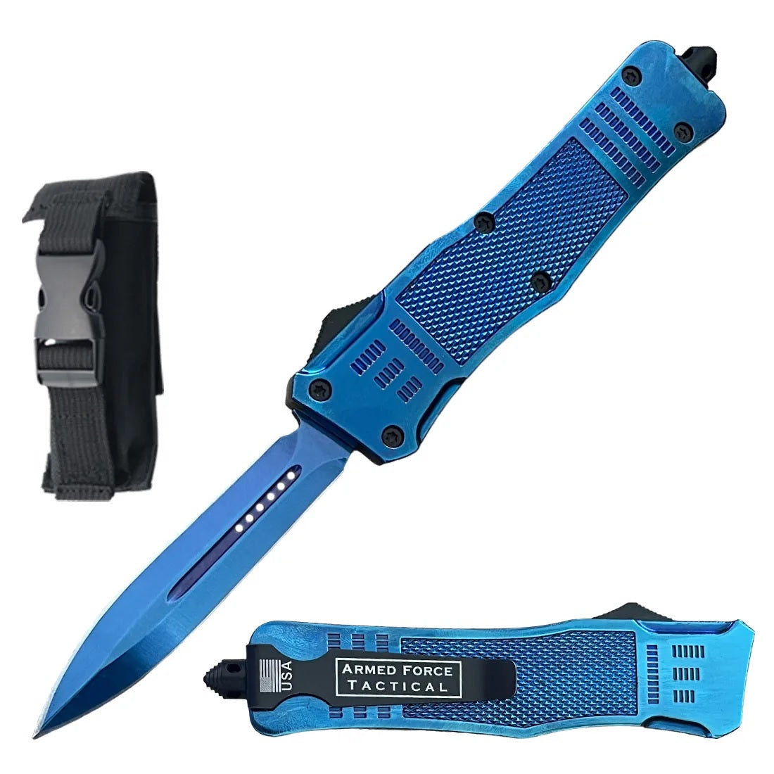 9" Blue Titanium Handle Ghost Out Of The Front Tactical Automatic OTF Knife - TOPHATTER'S ARMORY DEALS