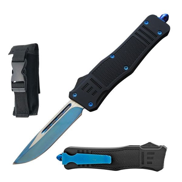 7" Blue Titanium Drop Point Blade Street Walker OTF Knife - TOPHATTER'S ARMORY DEALS