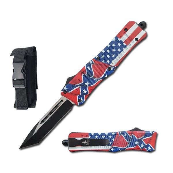 7" US Confederate Flag Tanto Point Blade Street Walker OTF Knife - TOPHATTER'S ARMORY DEALS