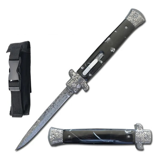 11 Inches Classic Gentleman Italian Stiletto Damascus OTF Black Pearl Handle Knife
