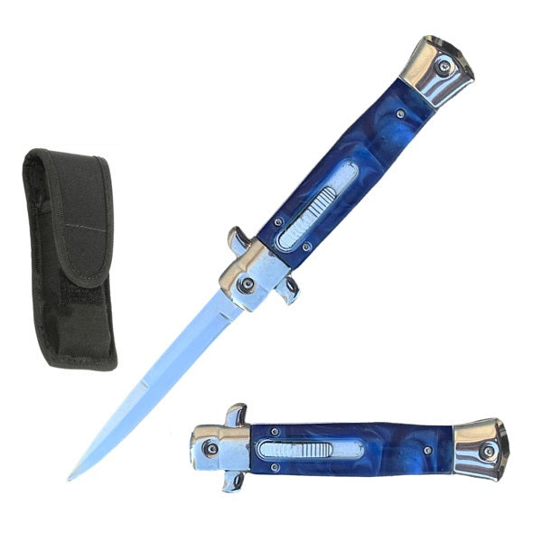 9" Classic Gentleman Italian Stiletto OTF Blue Pearl Handle Knife - TOPHATTER'S ARMORY DEALS