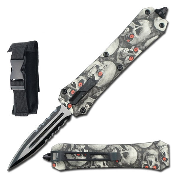 7" Dual Action Dagger Blade Reaper OTF Automatic Knife Grey Skulls - TOPHATTER'S ARMORY DEALS
